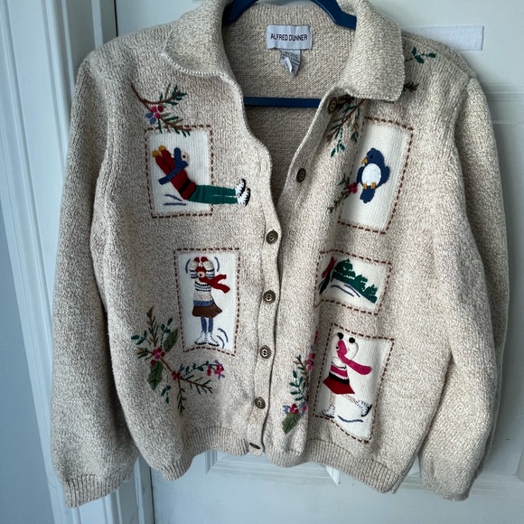 Alfred Dunner cotton ramie Beige Cardigan with Festive winter Embroidery - Picture 4 of 9